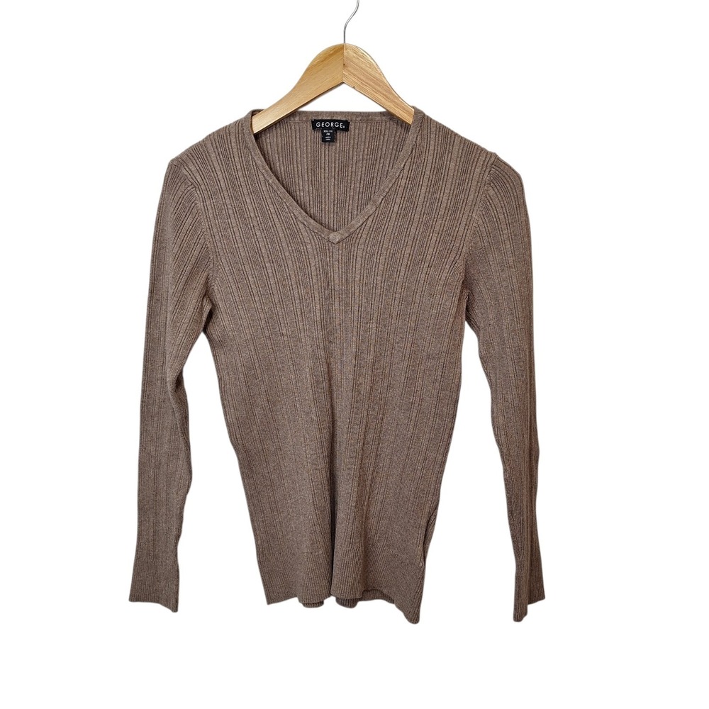 George Womens XXL 20 V Neck Pullover Ribbed Sweater Tan Long Sleeves Stretch